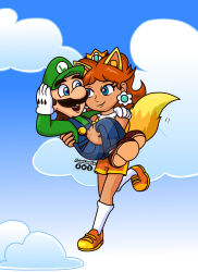 Rule 34 | 1boy, 1girl, animal ears, artist name, bare shoulders, blue eyes, brown hair, carrying, crown, day, earrings, facial hair, flower earrings, flying, gloves, grin, hat, highres, jewelry, looking at another, luigi, mario (series), mario series, mustache, nintendo, overalls, princess carry, princess daisy, shorts, sky, smile, tomboy