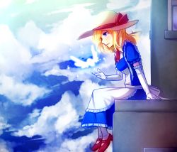 Rule 34 | 1girl, apron, blonde hair, blue eyes, blue sky, cloud, commentary, elbow gloves, english commentary, frilled apron, frilled gloves, frills, full body, gloves, hat, hat ribbon, highres, kana anaberal, long hair, maid, profile, puffy short sleeves, puffy sleeves, red footwear, ribbon, shoes, short sleeves, sitting, sky, solo, speckticuls, touhou, touhou (pc-98), waist apron, white gloves, white hat