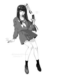 Rule 34 | 1girl, artist name, cellphone, charm (object), chinese commentary, cigarette, commentary request, dated, final fantasy, final fantasy xiv, flip phone, flower, full body, greyscale, hair flower, hair ornament, hair stick, highres, holding, holding phone, hyur, invisible chair, jacket, loafers, long hair, looking at viewer, mole, mole under mouth, monochrome, nail polish, neckerchief, official alternate costume, parted lips, phone, sailor collar, school uniform, serafuku, shoes, simple background, sitting, skirt, smoke, socks, solo, watermark, white background, yemao zhangyu, yotsuyu goe brutus