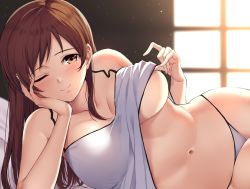 Rule 34 | 10s, 1girl, ;), arm support, backlighting, bare shoulders, blush, bokokichi (you), breasts, brown eyes, brown hair, camisole, camisole lift, cleavage, closed mouth, clothes lift, dust, head rest, idolmaster, idolmaster cinderella girls, indoors, lifted by self, long hair, looking at viewer, lying, matching hair/eyes, navel, nitta minami, on side, one eye closed, panties, shirt lift, sleeveless, smile, solo, spaghetti strap, stomach, tareme, underboob, underwear, underwear only, white panties, window
