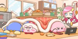 Rule 34 | 1girl, 3boys, blue eyes, blush stickers, bonziri 1658, book, clock, commentary, cup, day, face down, food, fruit, hand on own hip, hands on own hips, heater, indoors, kettle, kirby, kirby: planet robobot, kirby (series), kotatsu, looking at another, magolor, mandarin orange, marx (kirby), multiple boys, nintendo, nintendo switch, on floor, open book, pink hair, plant, potted plant, rayman limbs, sleeping, sleepy, snow, snowing, standing, susie (kirby), symbol-only commentary, table, under kotatsu, under table, wall clock, window, yunomi
