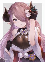 Rule 34 | 1girl, adjusting hair ornament, arms up, bad id, bad twitter id, black gloves, blush, border, breasts, capelet, commentary, fur-trimmed capelet, fur trim, gloves, granblue fantasy, grey background, hair ornament, hair over one eye, highres, holly hair ornament, horns, kiri ph, large breasts, long hair, looking at viewer, narmaya (granblue fantasy), narmaya (holiday) (granblue fantasy), pom pom (clothes), purple eyes, purple hair, red capelet, santa costume, shirt, signature, simple background, sleeveless, sleeveless shirt, smile, snowman hair ornament, solo, symbol-only commentary