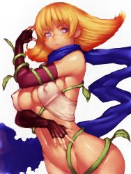Rule 34 | 1girl, bad id, bad tumblr id, bare shoulders, blonde hair, blue eyes, blue scarf, bottomless, breasts, covered erect nipples, elbow gloves, fingerless gloves, fumio (rsqkr), gloves, kid icarus, kid icarus uprising, large breasts, long hair, looking at viewer, nintendo, phosphora, scarf, simple background, solo, white background
