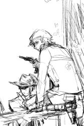 Rule 34 | 2boys, alto clef, bad id, bad pixiv id, bug, butterfly, cowboy hat, expressionless, greyscale, gun, handgun, hat, hongcha (roels), bug, kondraki, long sleeves, looking back, male focus, monochrome, multiple boys, neckerchief, pistol, roels, scp-408, scp foundation, shaded face, sitting, sketch, table, weapon