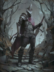 Rule 34 | abyss watcher, alexander borodin, armor, bare tree, belt, black pants, boots, cape, church, commentary, dark souls (series), dark souls iii, dual wielding, full body, gauntlets, grass, grey shirt, helmet, highres, holding, holding sword, holding weapon, knee boots, knee pads, long sword, male focus, o-ring, outdoors, pants, red cape, shirt, sickle, silver hair, solo, standing, stone, sword, tree, watermark, weapon, web address