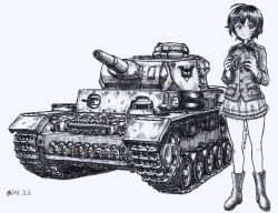 Rule 34 | 1girl, ballpoint pen (medium), boots, closed mouth, commentary, count (emblem), count military uniform, girls und panzer, girls und panzer momi no ki to tetsu no hane no majo, greyscale, headphones, highres, holding, holding headphones, jacket, jacket on shoulders, kohiyama noemi, long sleeves, looking at viewer, messy hair, military, military vehicle, miniskirt, monochrome, motor vehicle, nspa (spa-jcs), panzer iii, panzer iv, short hair, skirt, smile, solo, standing, tank, throat microphone, traditional media, twitter username