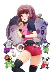 Rule 34 | 2girls, 5boys, absurdres, akayama sakura, ass, belt pouch, black legwear, blush, breasts, brown hair, dice, from behind, glasses, haga yui, hair ornament, hands up, highres, ii otona tachi (series), looking back, multiple boys, multiple girls, novel illustration, official art, open mouth, pink shirt, pouch, red eyes, red shorts, shiny skin, shirt, short hair, short shorts, short sleeves, shorts, sidelocks, simple background, skin tight, small breasts, solo focus, teeth, thighhighs, thighs, upper teeth only, white background, wristband