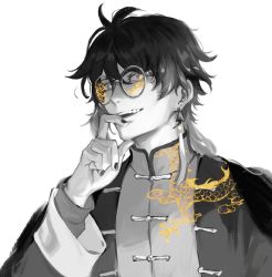 Rule 34 | 1boy, alternate costume, chinese clothes, commentary, dragon print, earrings, english commentary, formal, genshin impact, glasses, gradient hair, greyscale, hair between eyes, hand on own chin, highres, jacket, jewelry, long hair, long sleeves, looking at viewer, male focus, monochrome, multicolored hair, nail polish, open mouth, partially colored, ponytail, reneelric, round eyewear, simple background, single earring, smile, solo, suit, tassel, tassel earrings, white background, yellow eyes, zhongli (genshin impact)
