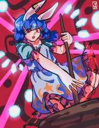 Rule 34 | 1girl, animal ears, blue dress, blue hair, blue sleeves, blunt ends, commentary request, crescent print, danmaku, dress, eyelashes, feet out of frame, frilled dress, frilled sleeves, frills, hammer, highres, holding, holding hammer, huge weapon, long hair, looking at object, low twintails, one-hour drawing challenge, open mouth, puffy short sleeves, puffy sleeves, rabbit ears, red background, red eyes, seiran (touhou), short dress, short sleeves, short twintails, signature, solo, star (symbol), star print, teeth, touhou, twintails, upper teeth only, waiwa way, weapon
