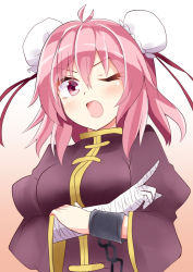 Rule 34 | 1girl, bandages, bandaged arm, bandages, blush, chinese clothes, cuffs, double bun, from above, ibaraki kasen, keyaki chimaki, looking at viewer, open mouth, pink eyes, pink hair, scolding, shackles, short hair, solo, touhou, v-shaped eyebrows