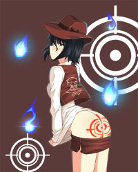 Rule 34 | ass, black hair, blush, butter-t, clothes pull, fire, fire, hat, original, pants, pants pull, shorts, target, yellow eyes