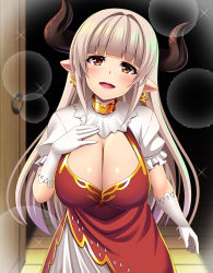 Rule 34 | alicia (granblue fantasy), blunt bangs, blush, breasts, center opening, cleavage, cross, cross earrings, dress, earrings, gloves, granblue fantasy, head tilt, highres, horns, huge breasts, jewelry, long hair, looking at viewer, militia minpei, open mouth, red eyes, silver hair, smile, solo, white gloves