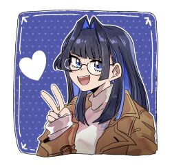Rule 34 | 1girl, black hair, blue background, blue hair, brown jacket, colored inner hair, commentary, english commentary, glasses, grey sweater, heart, hololive, hololive english, jacket, looking at viewer, ministarfruit, multicolored hair, official alternate costume, open mouth, ouro kronii, ouro kronii (casual), smile, solo, sweater, turtleneck, turtleneck sweater, v, virtual youtuber, white background