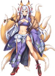Rule 34 | 1girl, animal ears, animal feet, animal hands, artist request, breasts, cleavage, eyeshadow, facial mark, fox ears, fox tail, full body, high heels, holding, holding smoking pipe, kitsune, large breasts, long hair, makeup, midriff, monster musume no iru nichijou, monster musume no iru nichijou online, multiple tails, navel, official art, pelvic curtain, red footwear, smoking pipe, solo, tail, thick eyebrows, transparent background, very long hair, whiskers, white hair, wide sleeves, youko (monster musume)
