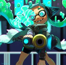 Rule 34 | 1girl, agent 3 (splatoon), aiming, aiming at viewer, artist name, bike shorts, black shirt, black shorts, blunt bangs, blurry, blurry background, cape, commentary, crazy eyes, crazy smile, depth of field, fangs, foreshortening, glowing, glowing eyes, green hair, grey cape, hanako515 ika, head tilt, headgear, hero shot (splatoon), highres, holding, holding weapon, hypnosis, inkling, inkling girl, inkling player character, long sleeves, mind control, nintendo, shirt, shorts, signature, single vertical stripe, smile, solo, sparkle, splatoon (series), splatoon 2, splatoon 2: octo expansion, squidbeak splatoon, tentacle hair, torn clothes, vest, weapon, yellow vest