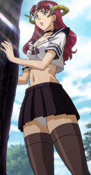 Rule 34 | 1girl, absurdres, claudette (queen&#039;s blade), green eyes, highres, long hair, miniskirt, panties, queen&#039;s blade, red hair, school uniform, skirt, solo, standing, stitched, thighhighs, third-party edit, underwear, upskirt, white panties