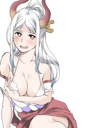 Rule 34 | 1girl,  hair, bare shoulders, blush, blush bright pupilsbright pupils, bra white pupils, bra yamato (one piece), breasts, cleavage, collarbone, commentary request, covering breasts, covering privates, curled horns, elf (stroll in the woods), embarrassed, gradient hair, grey hair, hair ornament, hair stick, hakama, highres, horns, japanese clothes, large breasts, micro bra, multicolored hair, nose blush, off shoulder, one piece, oni, oni horns, open mouth, red hakama, red horns, simple background, sitting, solo, sweatdrop, two-tone hair, underwear, white background, white no