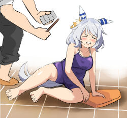 Rule 34 | 1boy, 1girl, animal ears, barefoot, black pants, blue one-piece swimsuit, blush, can, closed eyes, clothing cutout, competition school swimsuit, ear covers, facing viewer, grey hair, highres, hishi miracle (umamusume), holding, holding can, holding stick, horse ears, horse girl, medium hair, one-piece swimsuit, pants, school swimsuit, solo focus, stick, swimsuit, tail, tail through clothes, tenten (chan4545), tracen swimsuit, trainer (umamusume), umamusume