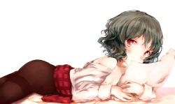 Rule 34 | 1girl, ass, bare shoulders, black pantyhose, blush, clothes lift, clothes pull, flat chest, green hair, kazami yuuka, long sleeves, looking at viewer, looking back, lying, nipples, off shoulder, on stomach, pantyhose, pillow, plaid, red eyes, ripu (lipi), shirt pull, short hair, simple background, skirt, skirt lift, smile, solo, thighband pantyhose, touhou, wavy hair, white background