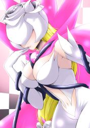 Rule 34 | 1girl, between breasts, blonde hair, breasts, clothing cutout, covered eyes, digimon, flower, gloves, highres, large breasts, lipstick, long hair, makeup, navel, navel cutout, rose, rosemon, rosemon burst mode, solo, thorns, very long hair, white flower, white rose