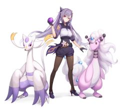 Rule 34 | 1girl, alternate color, alternate costume, ampharos, black pantyhose, breasts, cone hair bun, creatures (company), crossover, double bun, game freak, gen 2 pokemon, gen 5 pokemon, genshin impact, gloves, hair bun, high heels, holding, holding poke ball, jacket, keqing (genshin impact), looking at viewer, mienshao, nintendo, pantyhose, poke ball, pokemon, pokemon (creature), purple eyes, purple hair, shiny pokemon, shorts, simple background, smile, spica (starlitworks), standing, track jacket, twintails, white background
