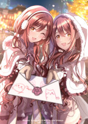 Rule 34 | 2girls, absurdres, blurry, blurry background, blurry foreground, blush, capelet, citrusmikan, commentary request, dutch angle, envelope, giving, gloves, happy birthday, highres, hood, idolmaster, idolmaster shiny colors, long hair, looking at viewer, low twintails, multiple girls, one eye closed, open mouth, osaki amana, osaki tenka, red hair, siblings, sisters, swept bangs, twins, twintails, yellow eyes