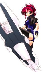 Rule 34 | 00s, 1girl, ass, blush, breasts, fingerless gloves, from below, gloves, highres, iga tamaki, lyrical nanoha, mahou shoujo lyrical nanoha, mahou shoujo lyrical nanoha strikers, numbers (nanoha), red eyes, red hair, smile, solo, thighhighs, wendi (nanoha)