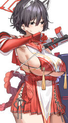 Rule 34 | 1girl, absurdres, animal ear fluff, animal ears, black eyes, black hair, blue archive, breast curtain, breasts, closed mouth, gloves, gun, hair between eyes, halo, haruyuki (gffewuoutgblubh), highres, holding, holding gun, holding weapon, large breasts, raccoon ears, red gloves, red sailor collar, red skirt, rope, rope belt, sailor collar, short hair, sideless outfit, simple background, skirt, skorpion vz. 61, solo, submachine gun, tsubaki (blue archive), weapon, white background