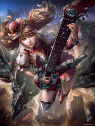 Rule 34 | 1girl, aircraft, airship, artist name, asymmetrical legwear, bad anatomy, blonde hair, blue eyes, boots, building, city lights, cityscape, cross-laced footwear, cyberpunk, electric guitar, fantasy, frills, guitar, hairband, hat, hong yu cheng, instrument, jumping, knee boots, lace-up boots, looking at viewer, mini hat, mismatched legwear, night, night sky, original, parted lips, red footwear, red skirt, science fiction, skirt, sky, skyscraper, solo, thighhighs, white thighhighs, wrist cuffs