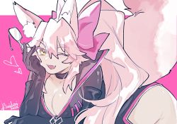 Rule 34 | 1girl, animal ear fluff, animal ears, black bodysuit, bodysuit, bow, breasts, center opening, cleavage, collarbone, dated, eyewear strap, fang, fate/grand order, fate (series), fox ears, fox girl, fox tail, glasses, grey-framed eyewear, hair ribbon, heart, highres, hip vent, kimidorix32, koyanskaya (assassin) (first ascension) (fate), koyanskaya (fate), large breasts, long hair, looking at viewer, one eye closed, open bodysuit, open clothes, open mouth, pink bow, pink hair, pink ribbon, ribbon, side ponytail, signature, solo, tail, tamamo (fate)