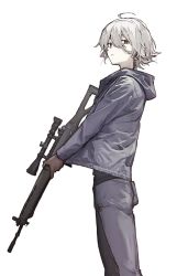 Rule 34 | 1girl, ahoge, assault rifle, blue jacket, blue pants, brown eyes, brown gloves, closed mouth, commentary, earphones, from side, gloves, grey hair, gun, hair between eyes, headband, highres, holding, holding gun, holding weapon, hood, hood down, hooded jacket, jacket, long sleeves, looking at viewer, looking to the side, optical sight, original, pants, rifle, scope, seallllion, short hair, sig sg550, sig sauer, sig sg550, simple background, solo, standing, weapon, white background, white headband