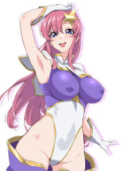 1girl absurdres armpits blue_eyes breasts collar covered_erect_nipples covered_navel gloves gluteal_fold gold_trim gundam gundam_seed gundam_seed_destiny hair_ornament highleg highleg_leotard highres holding impossible_clothes impossible_leotard leotard long_hair medium_breasts meer_campbell miso_melon multicolored_leotard open_mouth pink_hair purple_leotard simple_background smile solo star_(symbol) star_hair_ornament teeth thong_leotard upper_body upper_teeth_only white_background white_collar white_gloves white_leotard