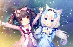 Rule 34 | 10s, 2girls, :3, ^ ^, animal ears, arms up, black hair, blue eyes, blush, bow, brown eyes, cat ears, chocola (nekopara), closed eyes, closed mouth, dress, closed eyes, game cg, hair bow, hairband, highres, long hair, looking at viewer, multiple girls, nekopara, non-web source, open mouth, outdoors, outstretched arms, sayori (neko works), smile, snow, spread arms, twintails, vanilla (nekopara), white hair