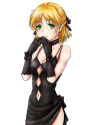 Rule 34 | 1girl, alternate costume, black dress, black gloves, blonde hair, breasts, choker, cleavage cutout, clothing cutout, dress, earrings, covered erect nipples, gloves, green eyes, hair ribbon, jewelry, kanro-candy, looking at viewer, medium breasts, mizuhashi parsee, navel, pointy ears, ribbon, short hair, simple background, sleeveless, smile, solo, touhou, white background