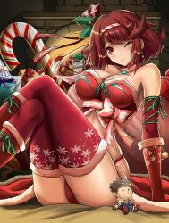 Rule 34 | 1girl, alternate costume, breasts, christmas, christmas ornaments, fgsketch, highres, large breasts, one eye closed, pyra (xenoblade), red eyes, red hair, rex (xenoblade), short hair, solo, stuffed toy, xenoblade chronicles (series), xenoblade chronicles 2