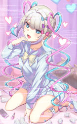 Rule 34 | 1girl, absurdres, blood, blue eyes, blunt bangs, blush, bow, boxcutter, chouzetsusaikawa tenshi-chan, chromatic aberration, collarbone, cosmetics, cracked phone, glitch, grey hair, hands on own face, heart, highres, holographic clothing, large bow, leg belt, lipstick tube, looking at viewer, monster energy, multicolored nails, nail polish, needy girl overdose, phone, pill, pin, quad tails, shoes, solo, trash bag, uissu, used tissue, zipper