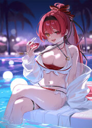 Rule 34 | alcohol, bikini, breasts, cleavage, collarbone, crossed legs, cup, drinking glass, heterochromia, highres, holding, holding cup, hololive, houshou marine, large breasts, long hair, long sleeves, navel, night, night sky, open clothes, open mouth, outdoors, palm tree, ponytail, pool, red bikini, red eyes, red hair, ruiuncle, sitting, sky, smile, solo, swimsuit, thigh strap, tree, virtual youtuber, wide sleeves, wine, wine glass, yellow eyes
