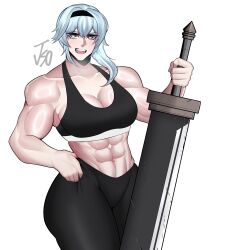 Rule 34 | 1girl, absurdres, alternate muscle size, artist name, black hairband, black headband, black leggings, black sports bra, blue hair, breasts, cleavage, commentary, english commentary, eula (genshin impact), genshin impact, greatsword, hairband, hand on own hip, headband, highres, holding, holding weapon, jso, large breasts, leggings, looking at viewer, medium hair, muscular, muscular female, navel, open mouth, shiny skin, simple background, solo, sports bra, sportswear, sweat, sword, teeth, thick thighs, thighs, tongue, weapon, white background, yellow eyes