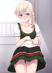 Rule 34 | 1girl, absurdres, blonde hair, blue eyes, braid, breasts, clothes lift, cowboy shot, dirndl, dress, dress lift, german clothes, green dress, hair over shoulder, highres, kantai collection, lifted by self, long hair, ruin re birth, shin&#039;you (kancolle), short sleeves, small breasts, solo, standing
