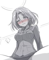 Rule 34 | 10s, 1girl, arm support, azumi (girls und panzer), bad id, bad pixiv id, blush, breasts, girls und panzer, greyscale, hair intakes, ikune juugo, medium breasts, monochrome, selection university military uniform, short hair, smile, solo, spot color, thighs, uniform