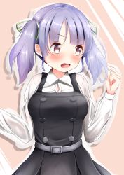 Rule 34 | 10s, 1girl, alternate breast size, belt, blue hair, blush, breasts, dress, hair ribbon, highres, kantai collection, long sleeves, mochiyuki, motion blur, ooshio (kancolle), ooshio kai ni (kancolle), open mouth, pinafore dress, pink background, ribbon, school uniform, shirt, short hair, sleeveless, sleeveless dress, smile, solo, twintails, white shirt