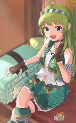 Rule 34 | 1girl, :d, absurdres, ahoge, black gloves, blush, boots, breasts, coin, commentary request, earrings, fingerless gloves, gloves, green hair, green skirt, hair ornament, hairband, heart, highres, idolmaster, idolmaster million live!, idolmaster million live! theater days, inuyama nanami, jewelry, long hair, looking at viewer, medium breasts, navel, open mouth, shimabara elena, shirt, sitting, skirt, smile, solo, starfish, treasure chest, white shirt