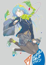 Rule 34 | 1girl, bag, black pantyhose, blue hair, blush, buttons, cardigan, earbuds, earphones, full body, fuyuno haruaki, green eyes, grey background, grey skirt, knees together feet apart, long hair, long sleeves, necktie, one eye closed, open mouth, original, outline, pantyhose, rabbit, scarf, shoes, sign, simple background, skirt, smile, sneakers, solo