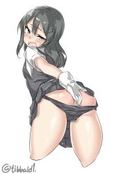 Rule 34 | 10s, 1girl, ass, bad id, bad twitter id, black eyes, black hair, black panties, black skirt, black vest, blush, butt crack, covering privates, covering ass, cowboy shot, cropped legs, ebifurya, eyebrows, from behind, gloves, hair ornament, hairclip, highres, inactive account, kantai collection, long hair, looking back, open mouth, oyashio (kancolle), panties, panty pull, pleated skirt, shirt, short sleeves, simple background, skirt, sleeveless, solo, sweat, tears, twitter username, underwear, vest, white background, white gloves, white shirt