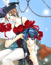 Rule 34 | 1boy, 1girl, :d, bare shoulders, blue hair, brown hair, carrying, detached sleeves, feathers, hat, headband, kaito (vocaloid), meiko (vocaloid), open mouth, pirate, pirate hat, short hair, smile, tattoo, torisugarino, traditional media, vocaloid, yuki hazumi