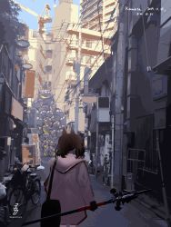 Rule 34 | 1girl, 360 (taiyo360), angelina (arknights), animal ears, arknights, artist name, bag, bicycle, brown hair, building, city, cityscape, cowboy shot, dated, day, fox ears, from behind, highres, holding, holding staff, holding weapon, jacket, long sleeves, medium hair, originium slug (arknights), solo, staff, twintails, weapon, white jacket