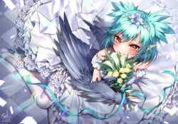Rule 34 | 1girl, bare shoulders, black feathers, black wings, blush, bouquet, breasts, claws, commission, dress, feathers, flower, garter straps, green hair, hair between eyes, harpy, holding, holding bouquet, indie virtual youtuber, lincoro, monster girl, on floor, pointy ears, red eyes, short hair, short twintails, skeb commission, smile, solo, tiara, twintails, twitter username, virtual youtuber, wedding dress, white dress, white flower, white footwear, white legwear, winged arms, wings, yukimichi (nieko)