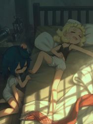 Rule 34 | 2girls, absurdres, black camisole, blonde hair, bloomers, blue hair, camisole, closed eyes, commentary, cressey (porforever), cup, drooling, english commentary, hand on own stomach, head bump, highres, indoors, lantern, lying, multiple girls, on back, on bed, open mouth, original, pillow, porforever, short hair, short sleeves, sleeping, strap slip, sweatdrop, underwear, underwear only