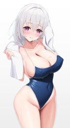 Rule 34 | 1girl, azur lane, bare shoulders, blue one-piece swimsuit, breasts, cleavage, closed mouth, collarbone, covered erect nipples, cowboy shot, gradient background, highleg, highleg swimsuit, highres, humo, large breasts, light smile, looking at viewer, mole, mole under mouth, one-piece swimsuit, purple eyes, san jacinto (azur lane), short hair, solo, standing, swimsuit, thighs, towel, wet, white hair