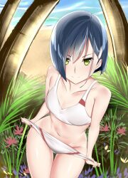 Rule 34 | 1girl, adjusting clothes, adjusting swimsuit, beach, bent over, bikini, blue hair, blunt ends, breasts, closed mouth, collarbone, commentary, cowboy shot, darling in the franxx, dashu, day, fern, flower, foliage, from above, green eyes, groin, hair ornament, hair over one eye, hairclip, ichigo (darling in the franxx), leaning forward, looking up, midriff, naughty face, navel, ocean, outdoors, palm tree, pink flower, purple flower, red bikini, short hair, small breasts, solo, swimsuit, teasing, thigh gap, thumb in beltline, tree, two-tone bikini, white bikini